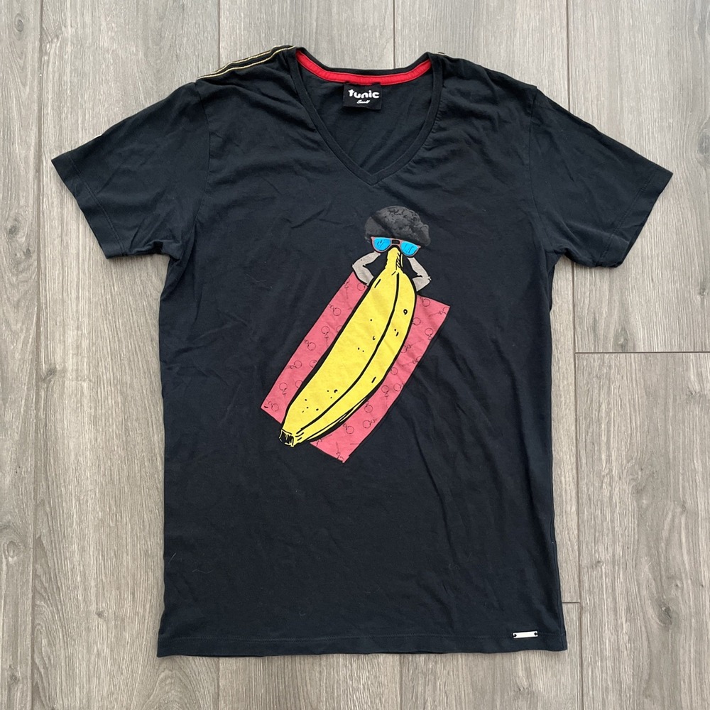 Tunic Mens S V-Neck T Shirt Black Banana Graphic Cotton